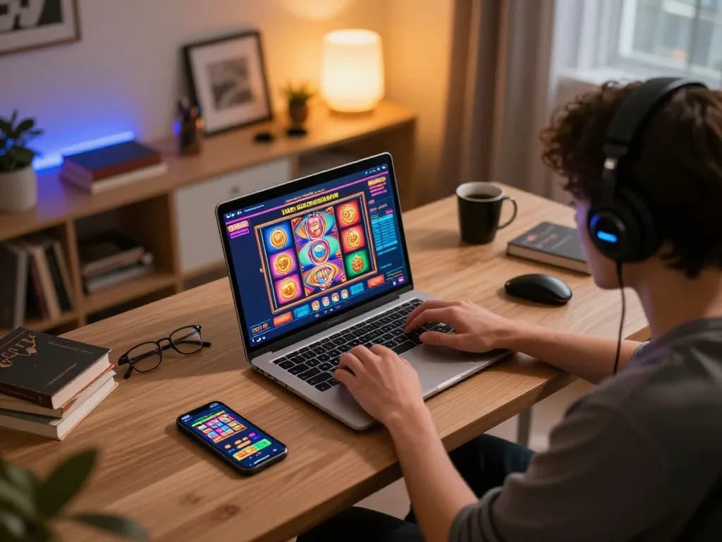 Engaging with situs slot gacor online gaming via laptop in a cozy home office setting