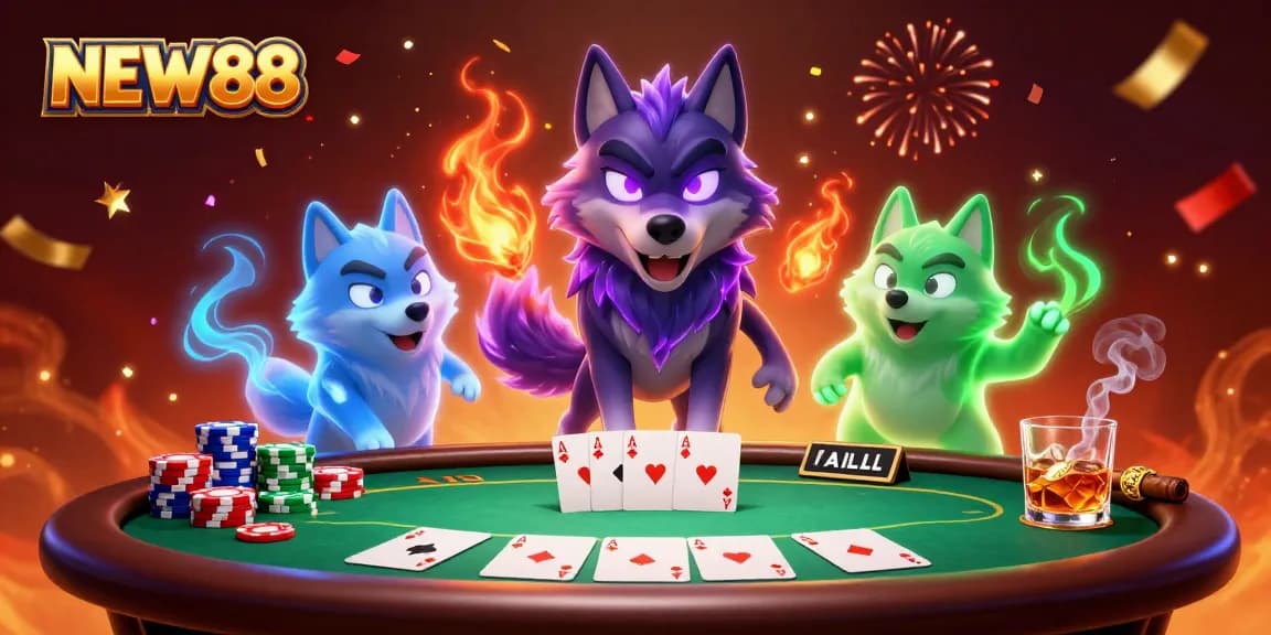 Engage in thrilling poker action with NEW88's vibrant 3D illustration of animated wolves and casino elements.