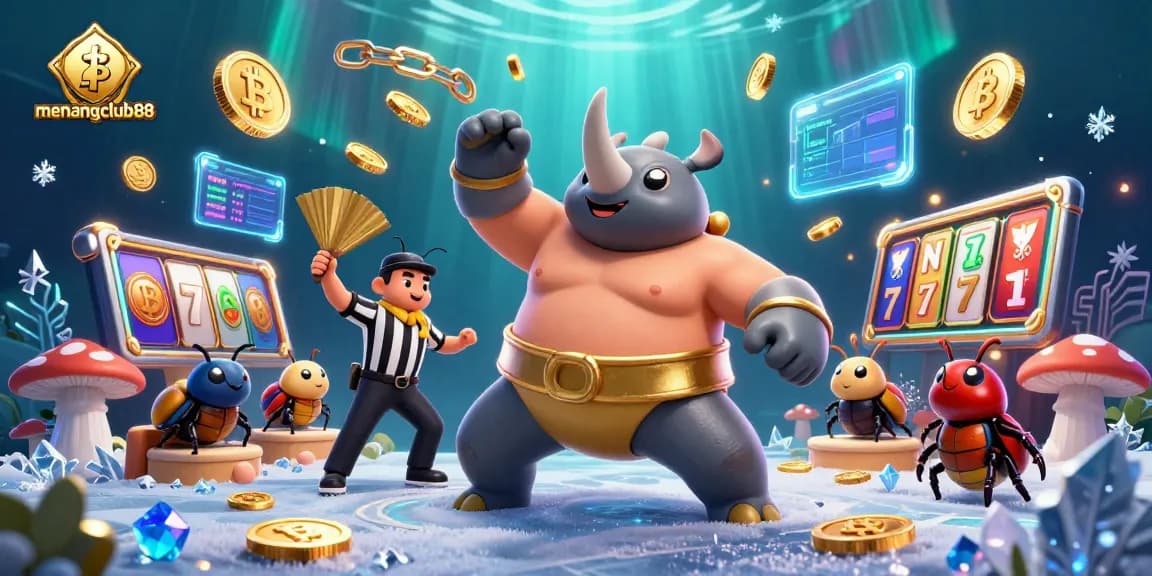 Experience excitement at menangclub88 as the animated rhinoceros beetle champion unleashes flying coins amidst intense casino action.
