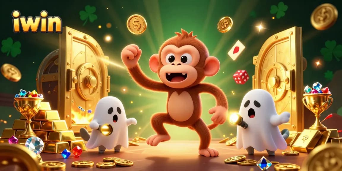 Engage with iwin's vibrant casino scene featuring a playful monkey juggling gold near a curious puppy.