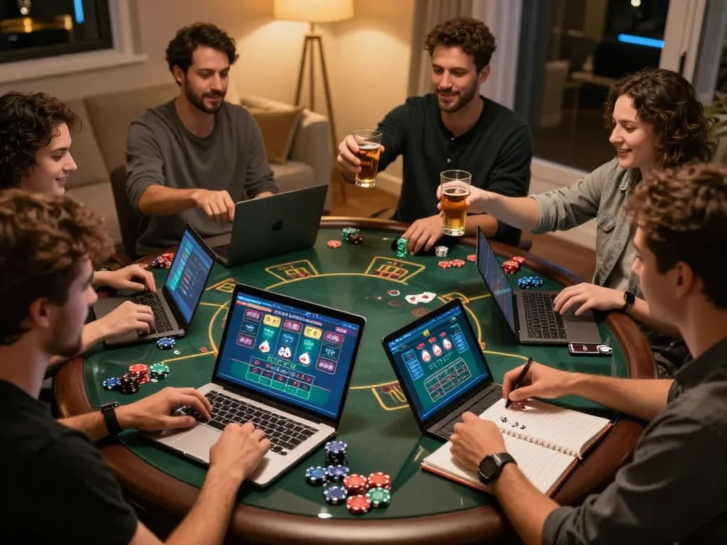 A group engaging in dh88 online casino games at home, enjoying live dealer blackjack on multiple devices.
