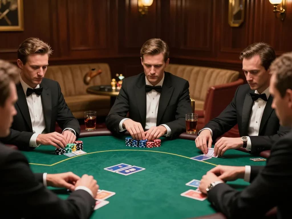 SC88 poker players strategizing serious bets in elegant gaming lounge