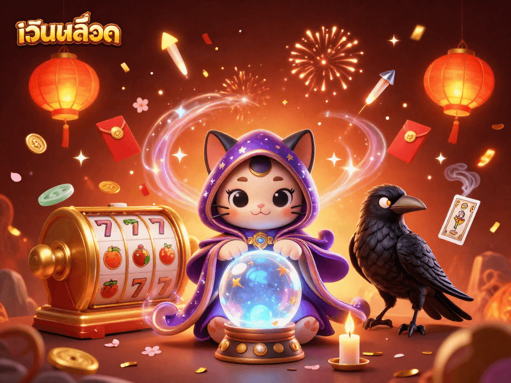Engage with เว็บสล็อต through vibrant slot-themed 3D illustration showcasing mystic characters and festive elements.