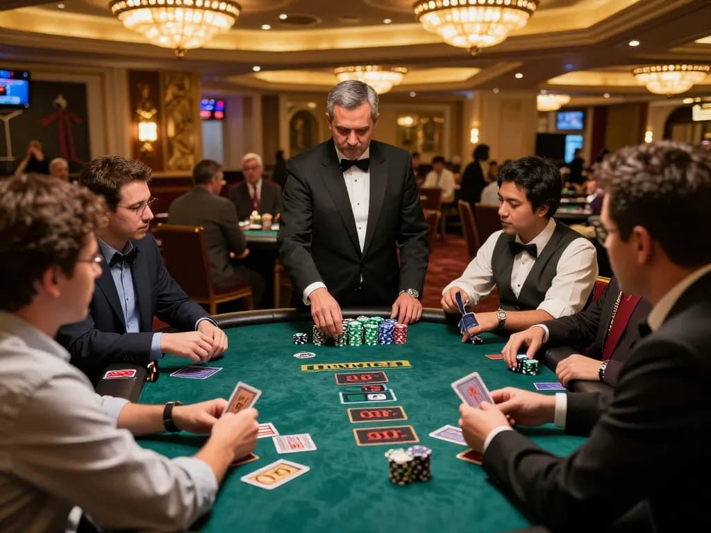 Luckyindex reveals an intense blackjack game with players making strategic moves at a luxurious casino.