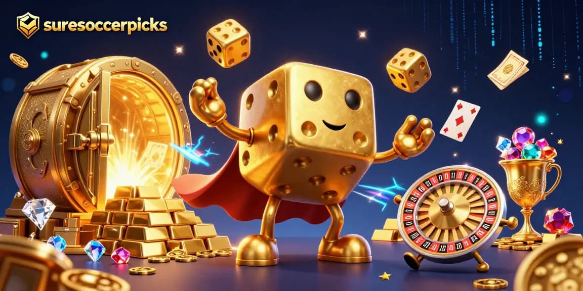 Experience the excitement of suresoccerpicks through a vibrant 3D casino illustration featuring dynamic gaming elements.