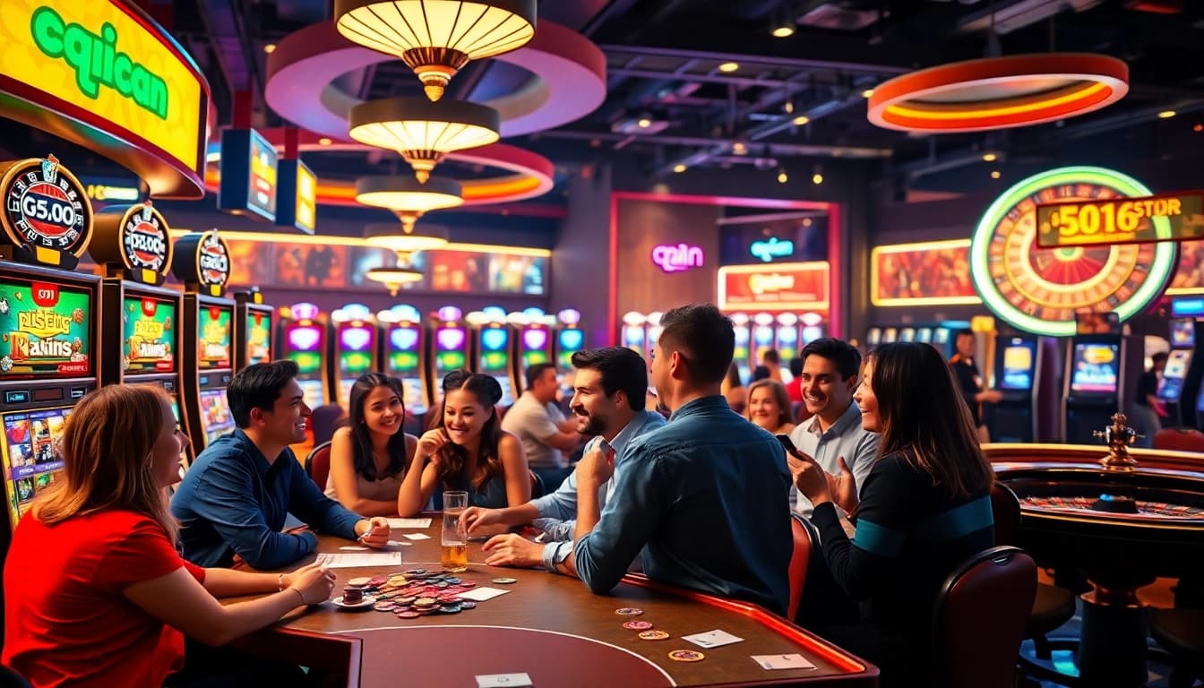 Experience thrilling gameplay at qqmacan with friends at a vibrant casino, celebrating wins.