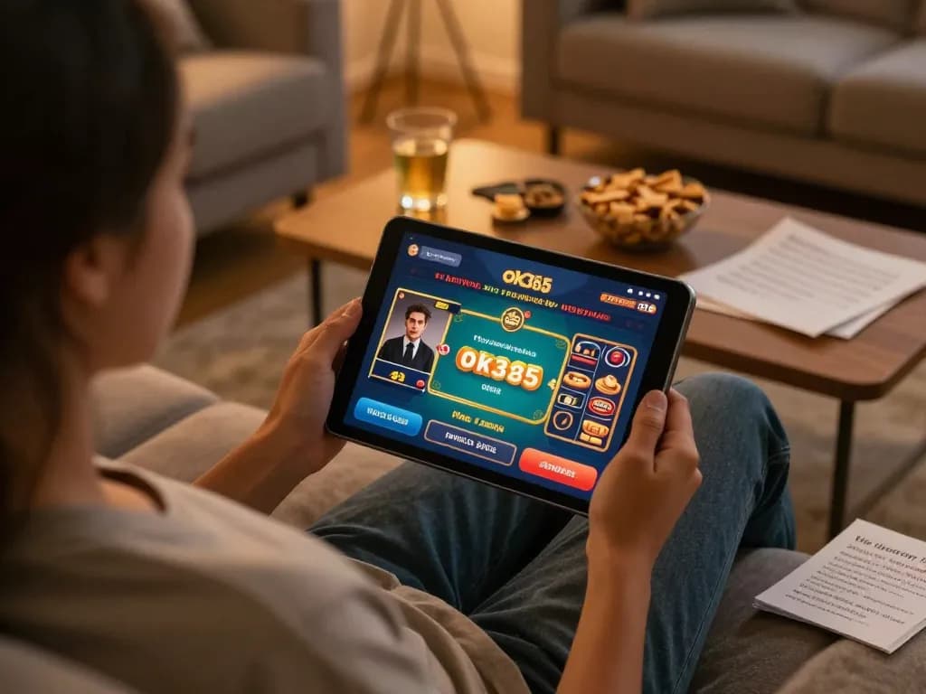Playing casino games on the ok365 com app from a cozy home, focused atmosphere.