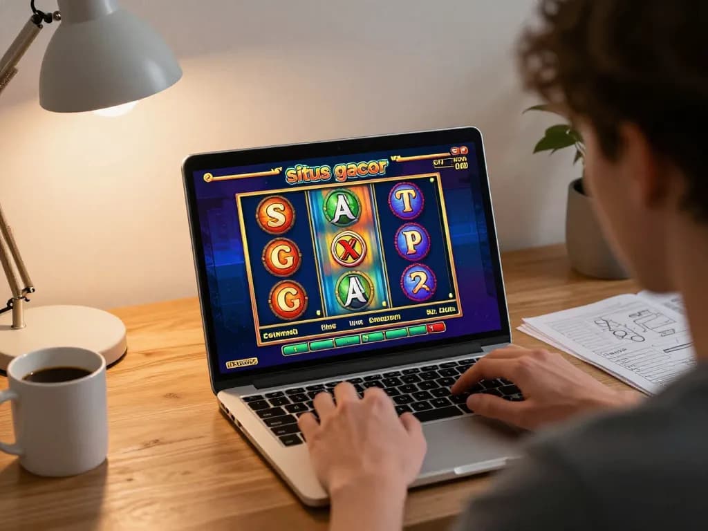 Engaging session on situs gacor with a player immersed in online slot gaming at home.