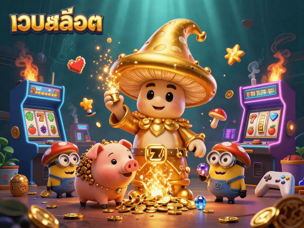 Play เว็บสล็อต games with golden mushroom wizard, coins, and slot elements surrounding magical treasures.