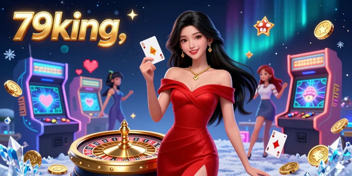 Experience the vibrant gaming scene at 79king with a beautiful dealer beside a golden roulette wheel.