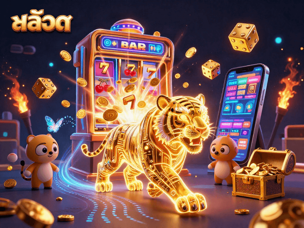 Engage in exciting สล็อต gameplay with a vibrant 3D digital casino scene featuring a golden tiger and dynamic elements.