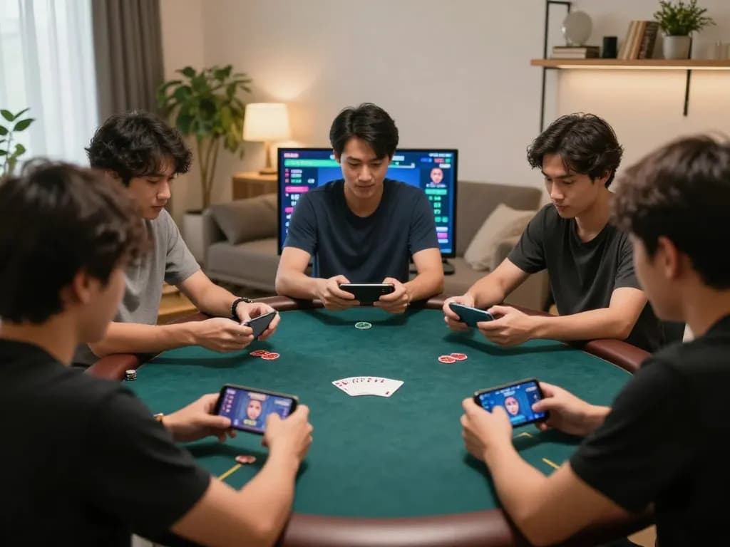 Players enjoying Poker Online Domino QQ on mobile in a vibrant home setting, demonstrating excitement and strategic play