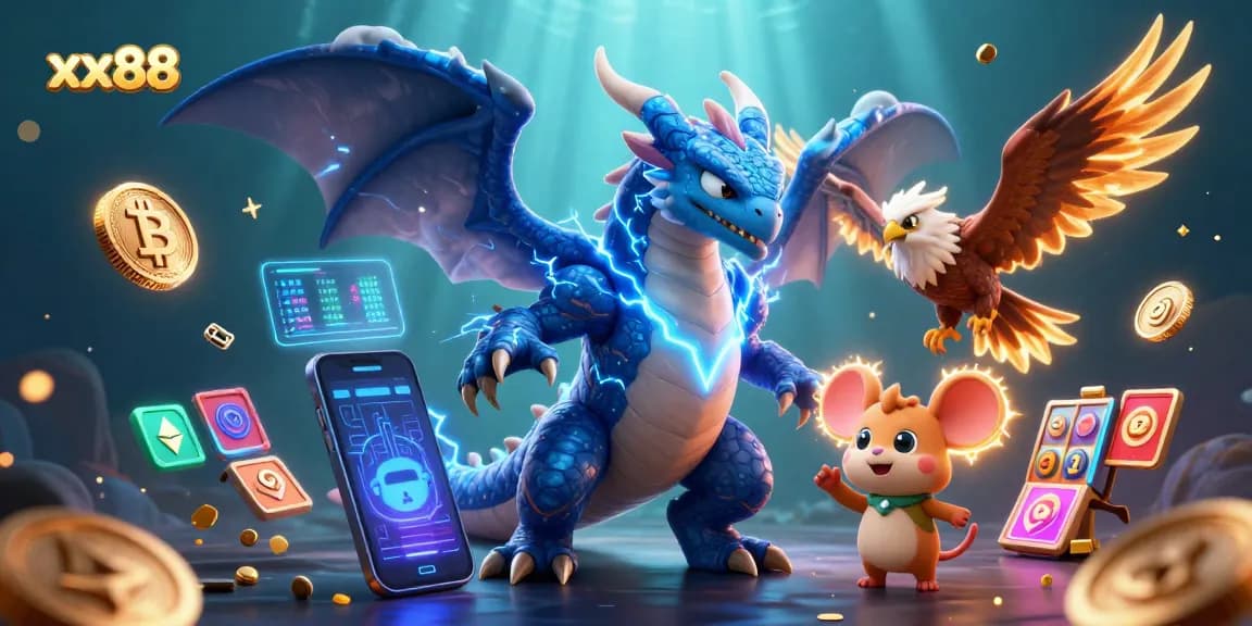 Win big at xx88 with a dynamic 3D casino illustration featuring powerful gaming characters and elements.