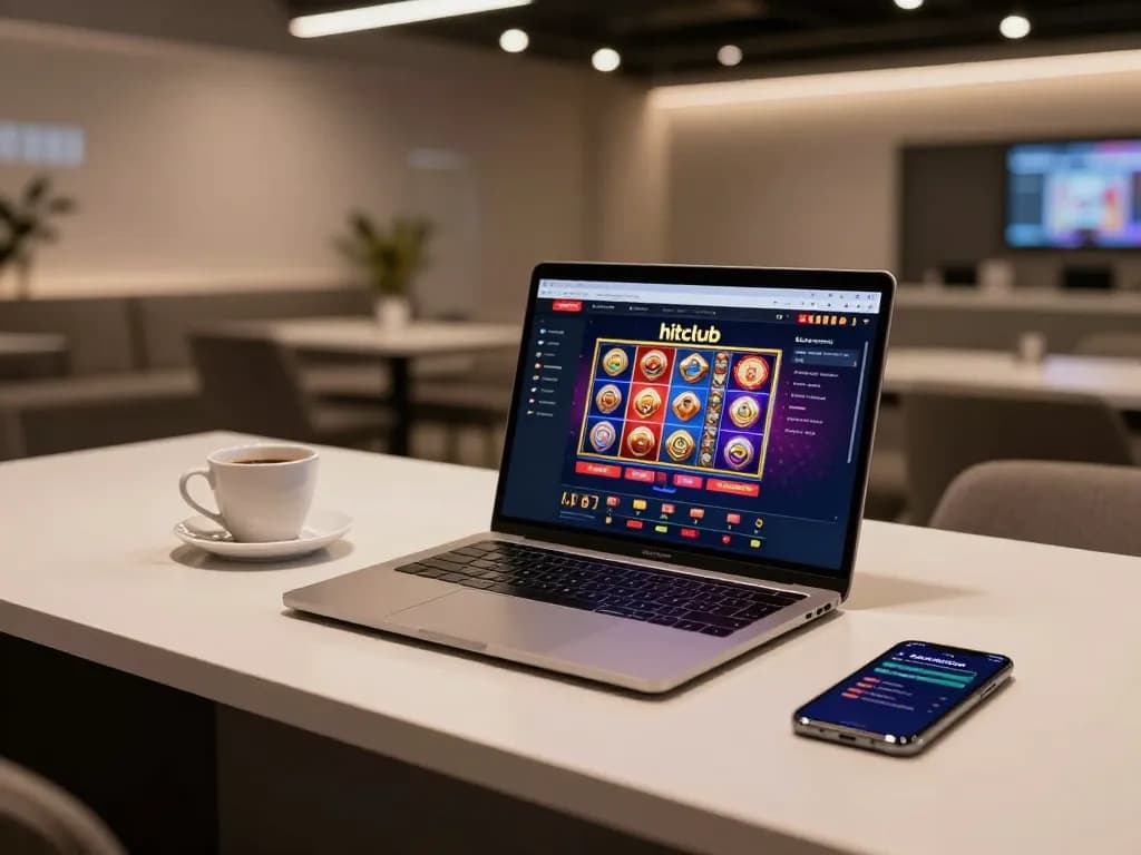 Play hitclub online slots with immersive atmosphere and laptop gaming setup