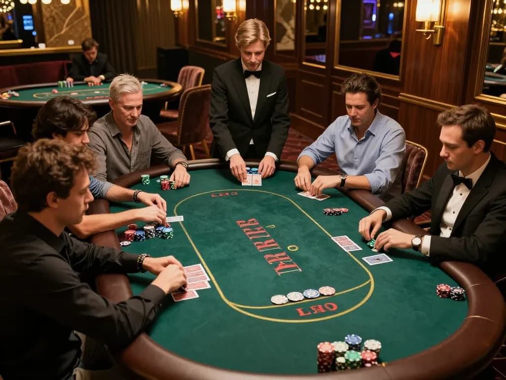 Players strategizing in a high-stakes game at 98win com poker table, showcasing chips and intense focus.
