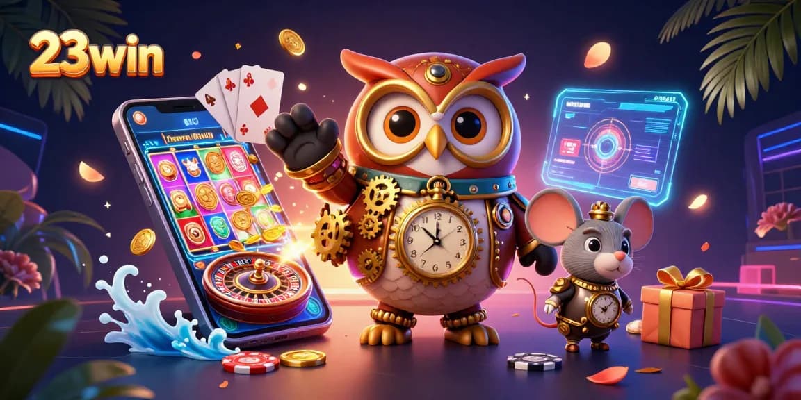 Experience thrilling gameplay at 23win with a vibrant casino scene showcasing time-travel and slot excitement.
