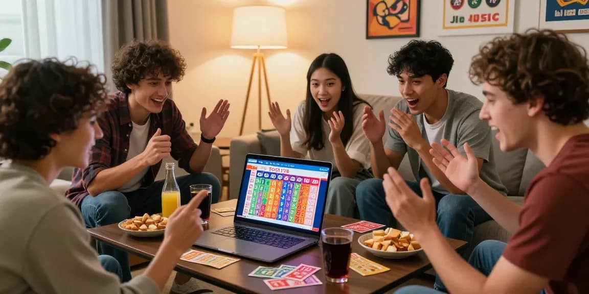 Excited friends checking 4D lottery results on a laptop, showcasing a lively gaming atmosphere.