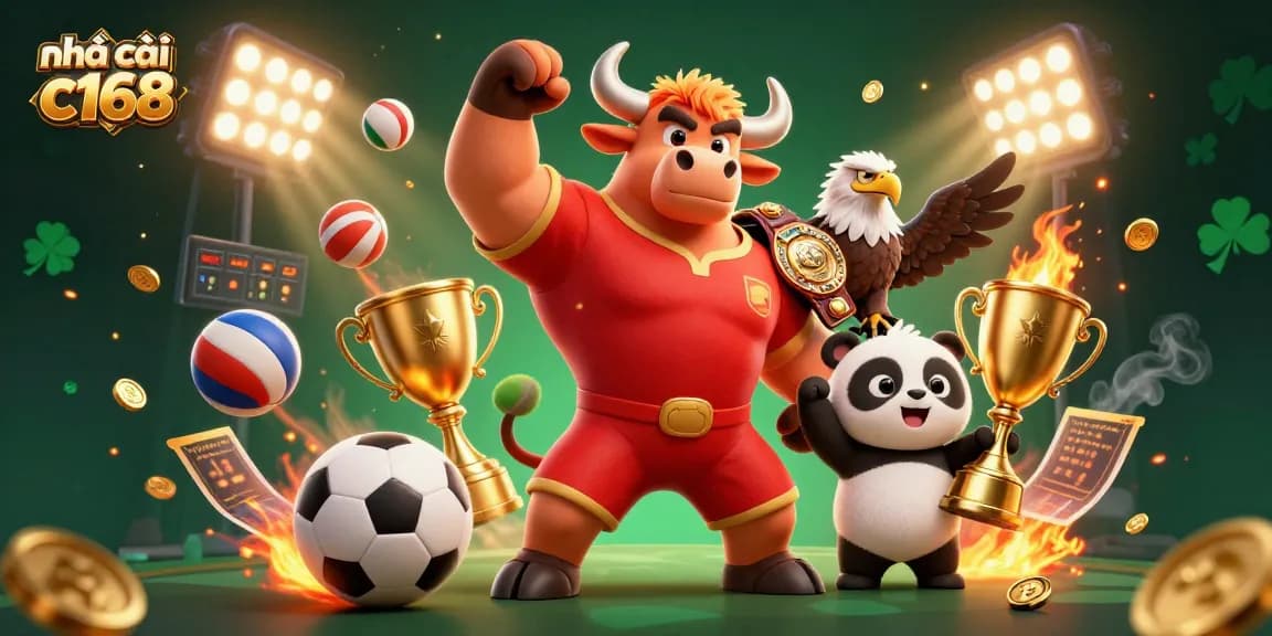 Join the excitement of nhà cái c168 with dynamic sports action, mascots, and vibrant casino elements