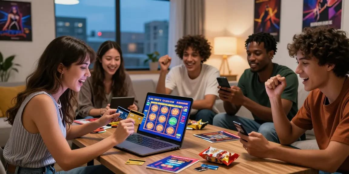 Friends playing at casinos that accept credit card in a cozy living room, vibrant gaming atmosphere.