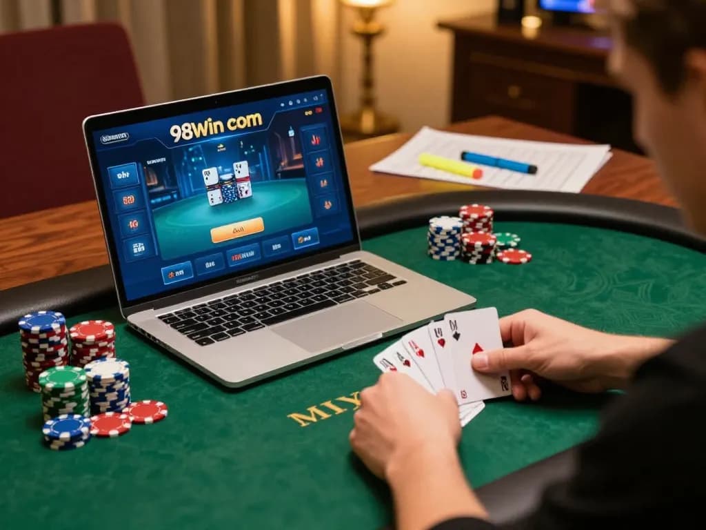 Player engages in strategic online poker gameplay on 98win com platform, emphasizing skill and excitement.