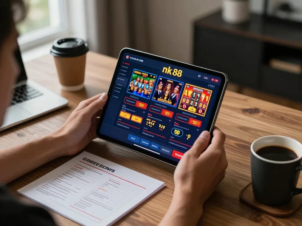 Engaging with nk 88 casino app on tablet, creating a responsible gaming atmosphere in a stylish home.