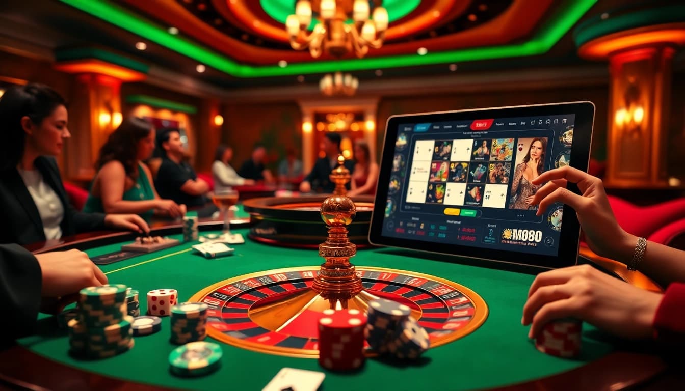 mm88 players celebrating a win at a vibrant casino table with roulette and poker elements