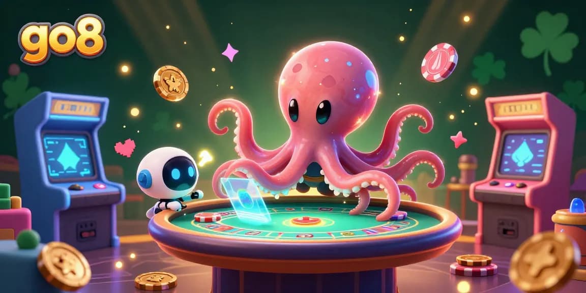 Experience exciting gameplay at go8 with a vibrant 3D illustration showcasing an alien octopus and robot at the poker table.