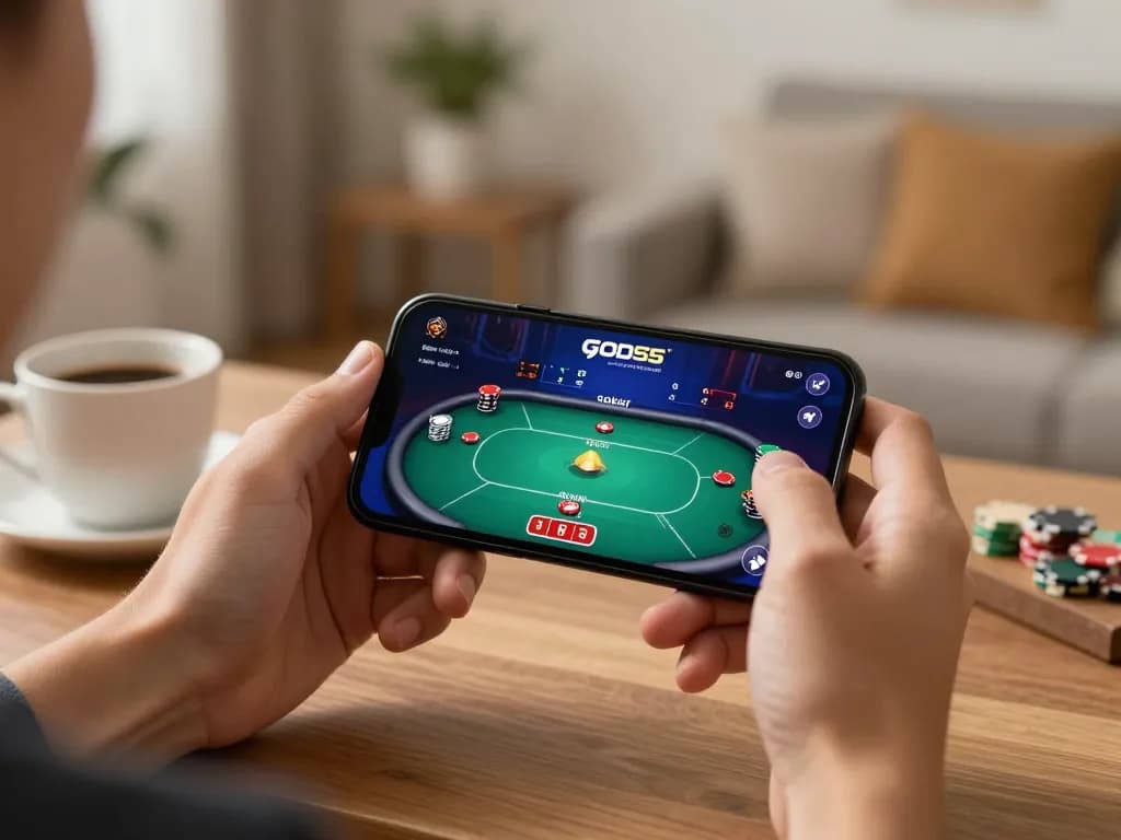Engaged user playing poker on god55 mobile app in a cozy home setting.