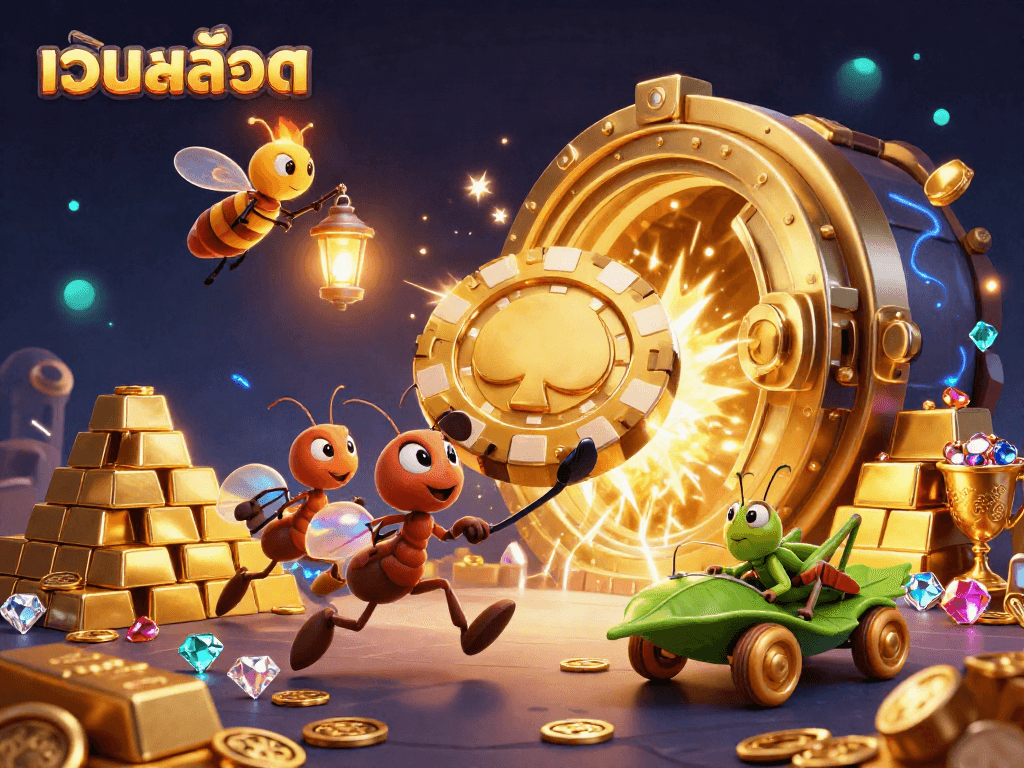 Experience เว็บสล็อต thrills with ants heisting a giant poker chip amidst jewels and treasure.