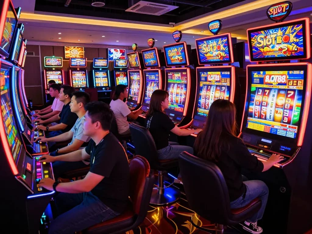 Players enjoying Slot88 games at colorful casino slot machines, engaging with the thrilling environment.
