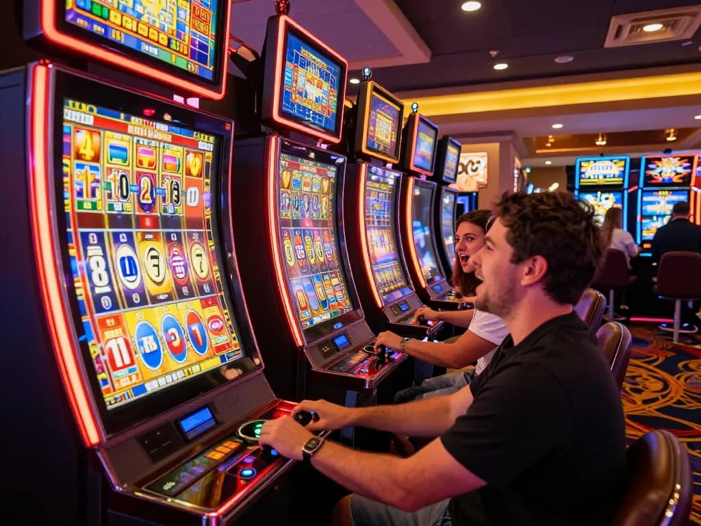Engaged players enjoying colorful situs slot machines in a lively casino setting