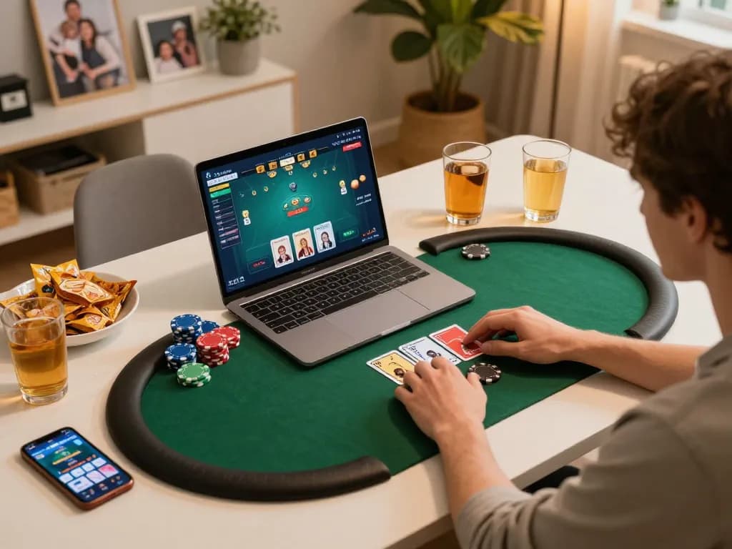 Engage with nhà cái cm88 while enjoying a friendly poker night at home, showcasing a dynamic online gaming setup with snacks and drinks.