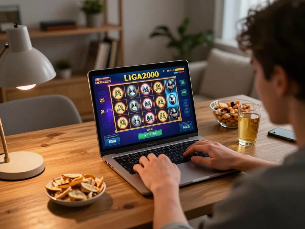 LIGA2000 online gaming session showcasing vibrant slot interface on laptop in cozy home setting