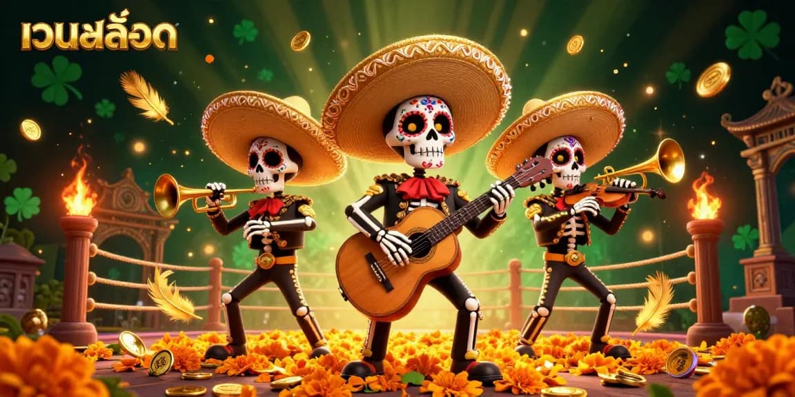 Engage in เว็บสล็อต excitement with a colorful 3D mariachi band celebrating with golden coins and vibrant casino elements.