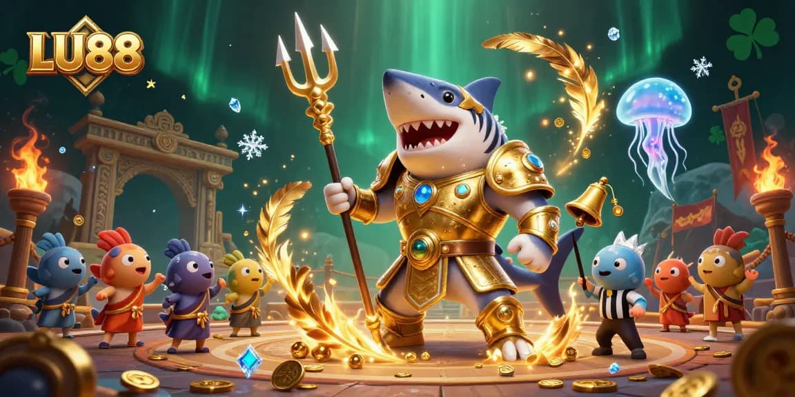 LU88 engaging players in a vibrant underwater colosseum with a golden shark champion and cheering fish crowd.