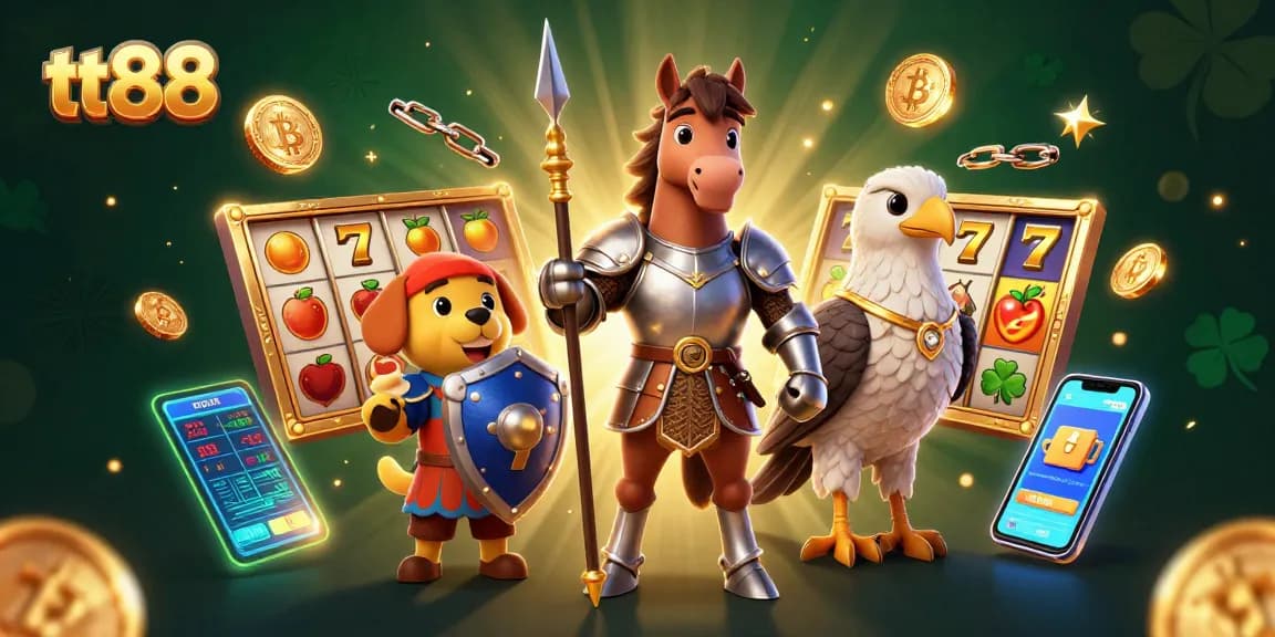 Engage with TT88's thrilling slot games as a knight and puppy navigate a dazzling casino world.