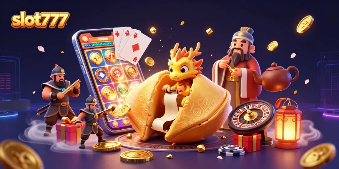 Experience thrilling wins with slot777 in this vibrant casino-themed 3D illustration showcasing fortune cookies and gold.