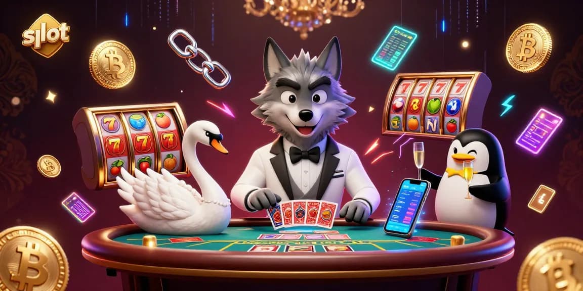 Permainan slot menarik dengan karakter serigala, angsa, dan penguin, penuh dengan simbol keberuntungan.
