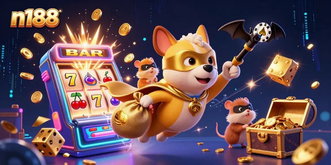 N188 offers thrilling gaming experiences with fun characters and casino action in a dynamic illustration.