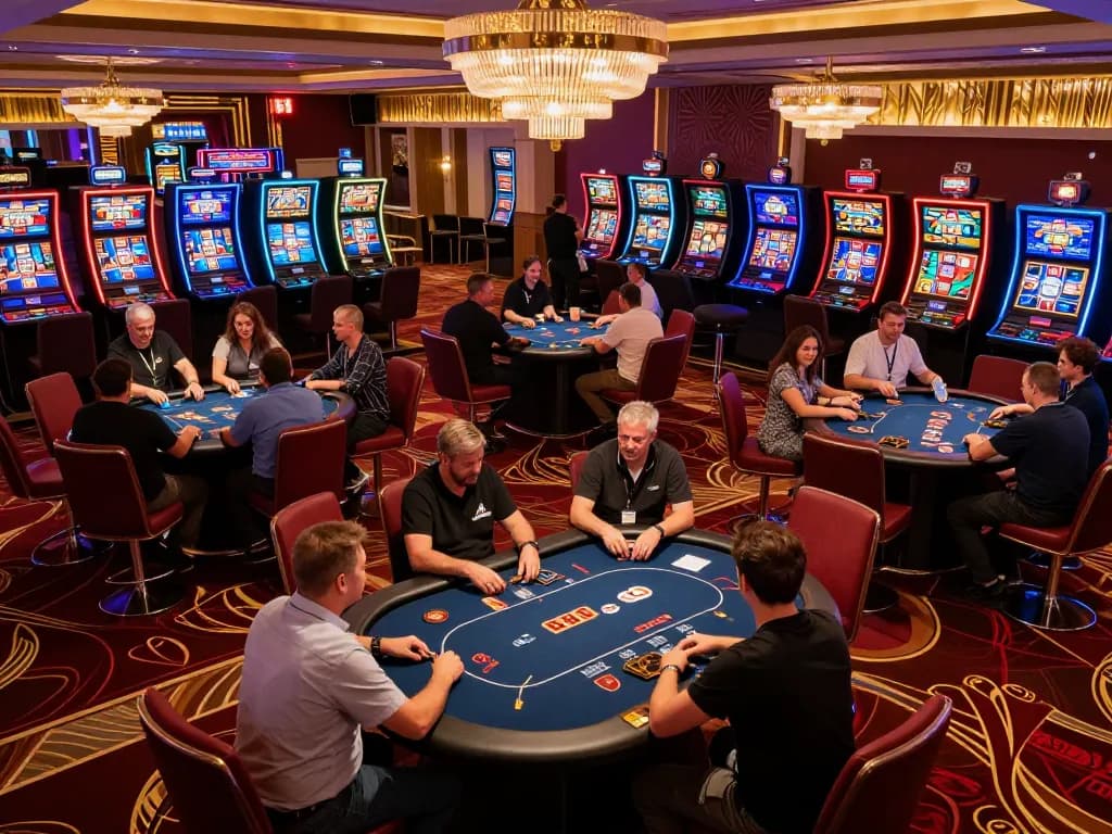 Players at poker tables enjoying a thrilling game experience at 789win casino, vibrant atmosphere.