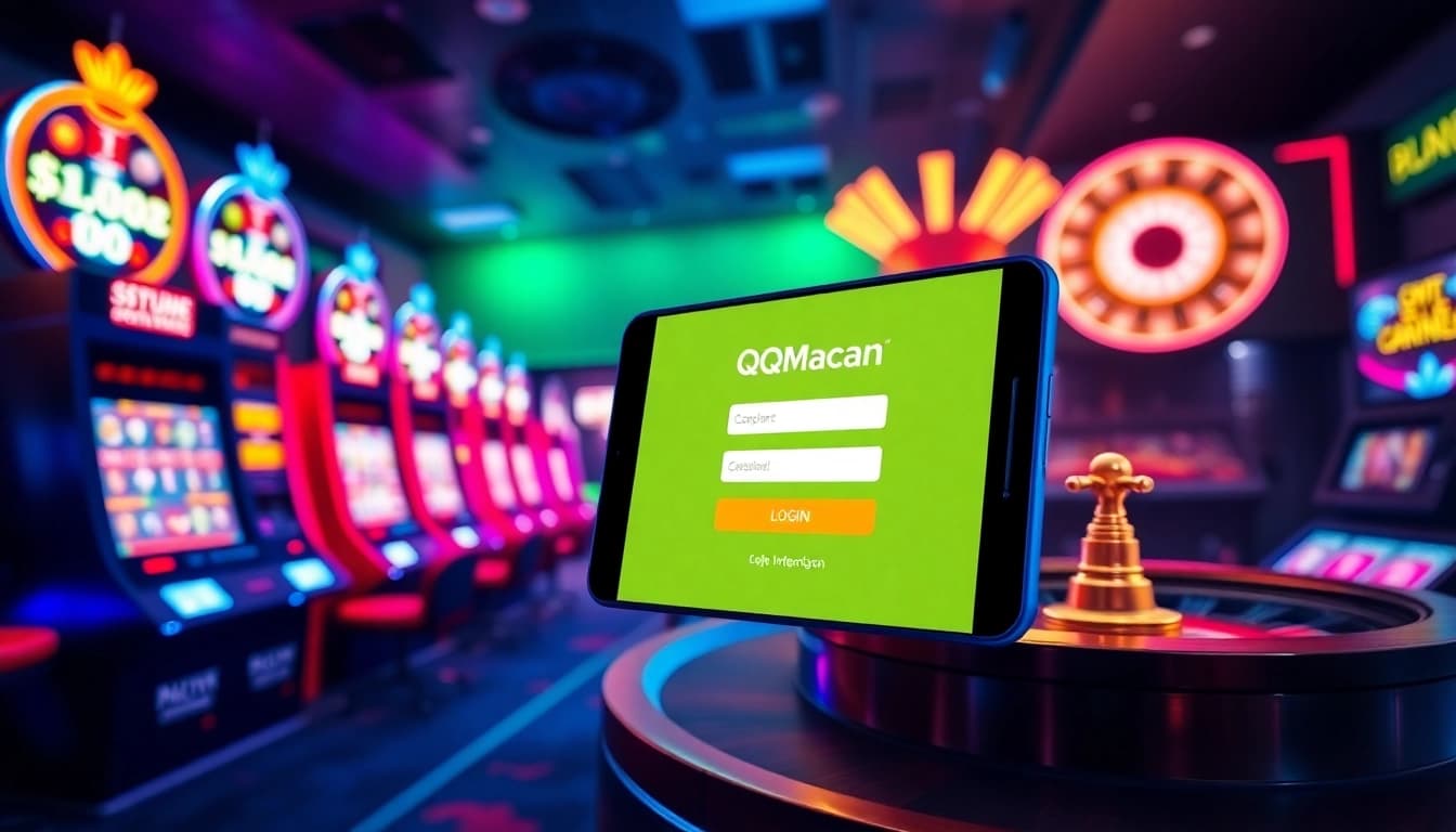 Engage with qqmacan login amidst vibrant casino elements like slots and roulette.