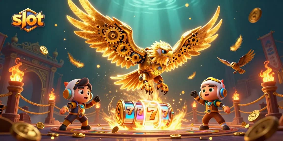 Menangkan slot dengan menakjubkan, ilustrasi 3D elang cybernetic mencelupkan ke dalam jackpot yang berkilau.