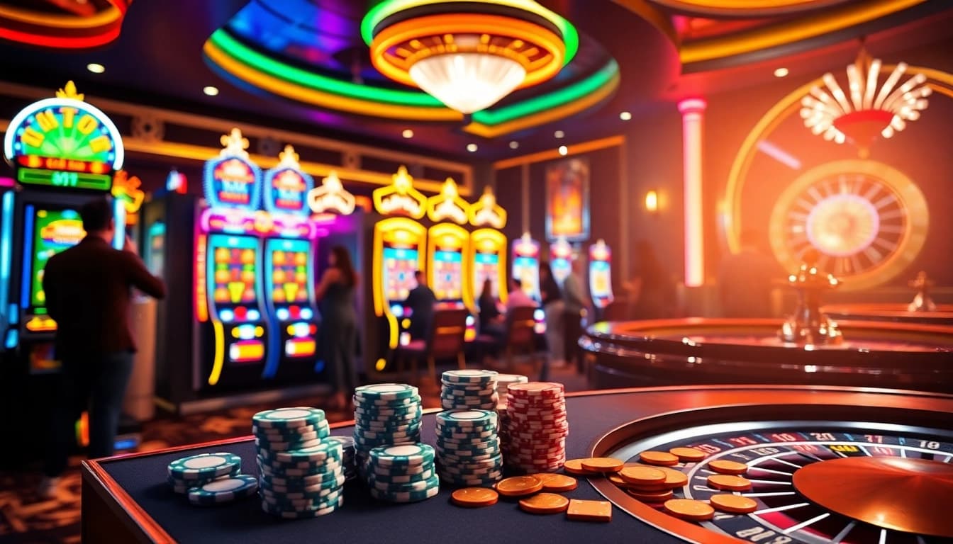 IDN slot gaming area with colorful slot machines and players winning jackpots.