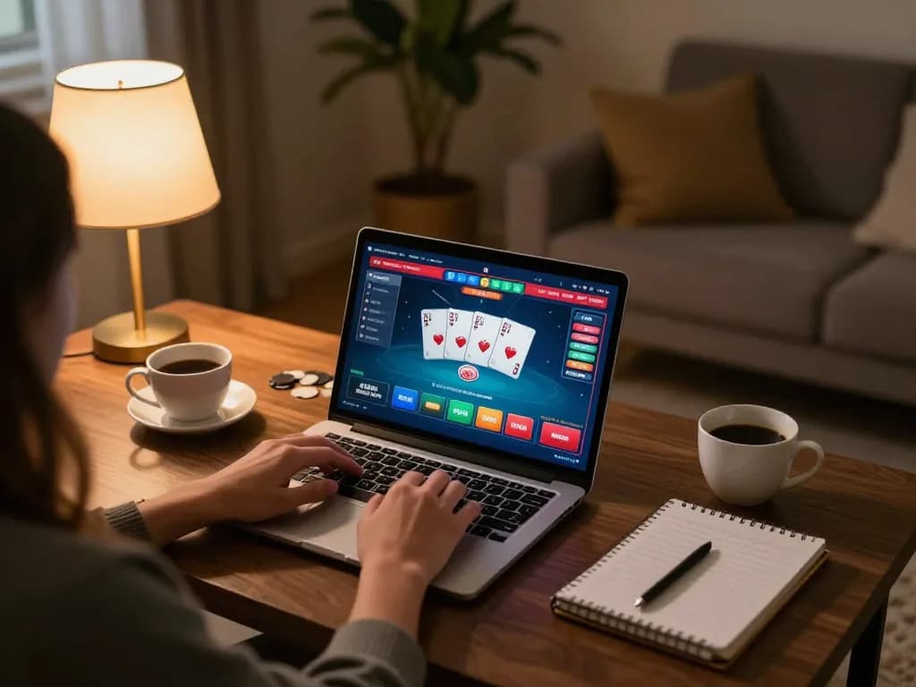 Player strategizing in a cozy home setup for online poker at 388bet.