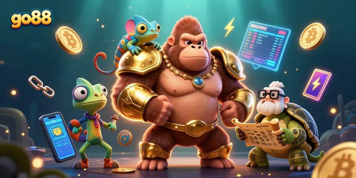 Discover go88's vibrant casino adventures with a gorilla king, chameleon, and tortoise in colorful 3D art.