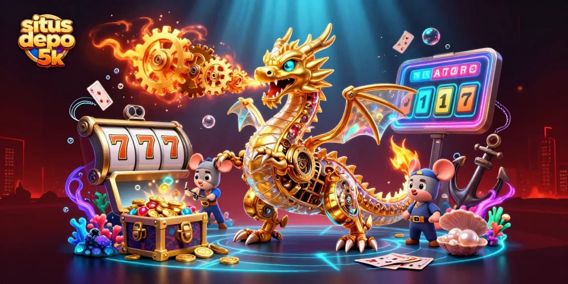 Situ Depo 5K showcases an exciting 3D cartoon scene featuring a biomechanical dragon and slot reels.
