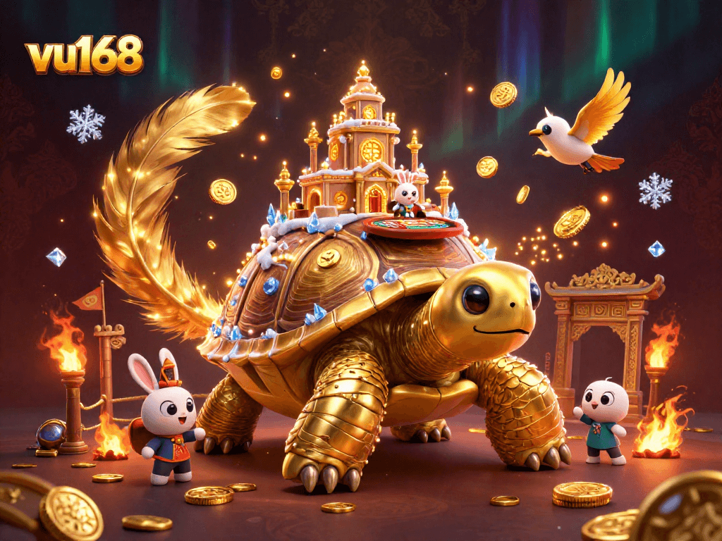 Experience the thrill of betting with vu168 in a vibrant 3D casino scene featuring a whimsical tortoise and dealer.