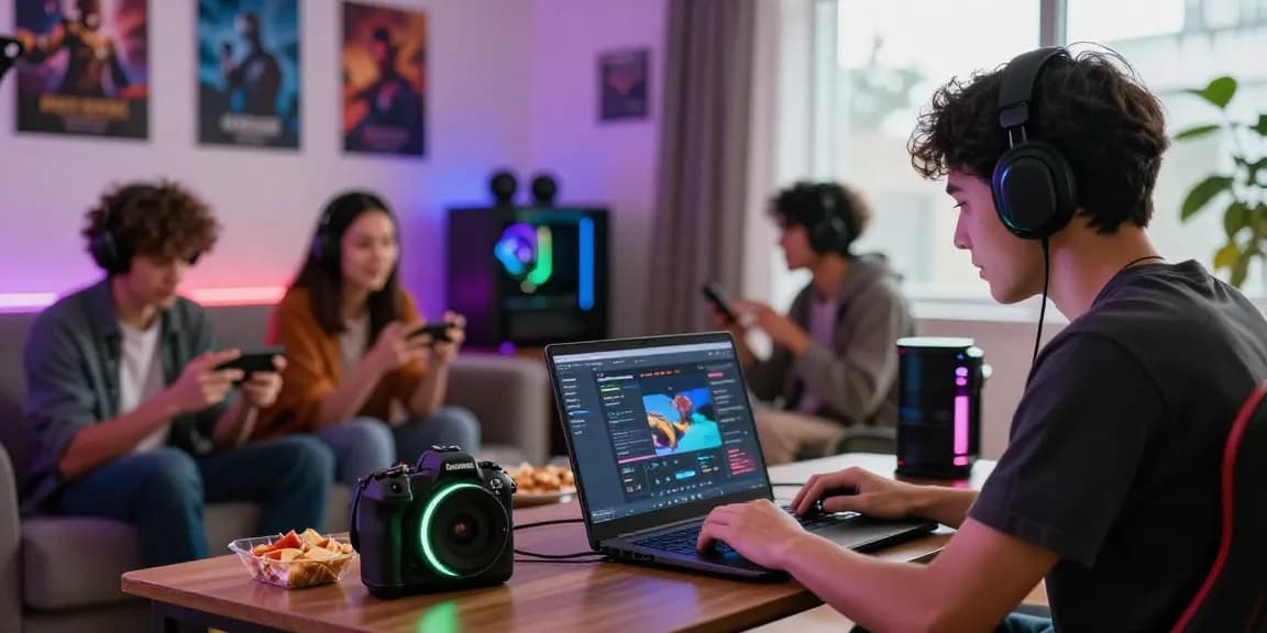 Group of friends gaming together online at home with Mahajitu platform on screen.