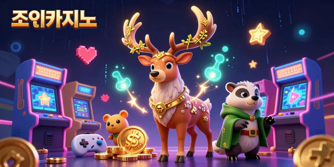 Engage with 조이카지노's vibrant casino games surrounded by dynamic characters and magical elements.