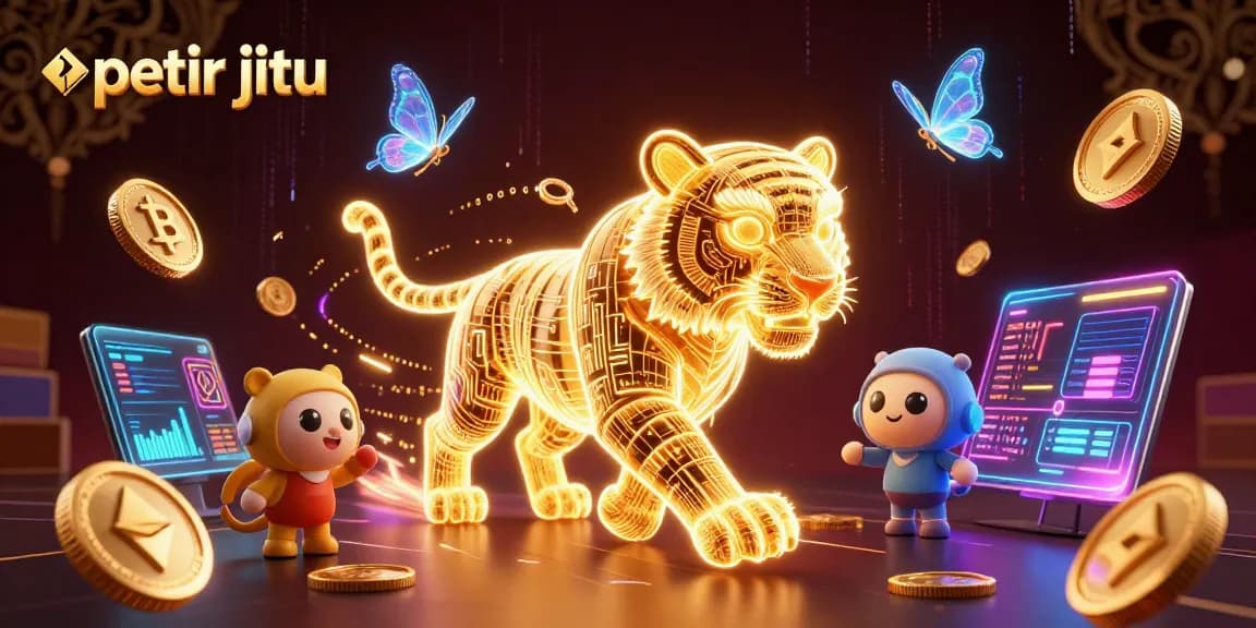 petir jitu menarik perhatian dengan permainan kasino digital dan simbol mata uang kripto yang bersinar.